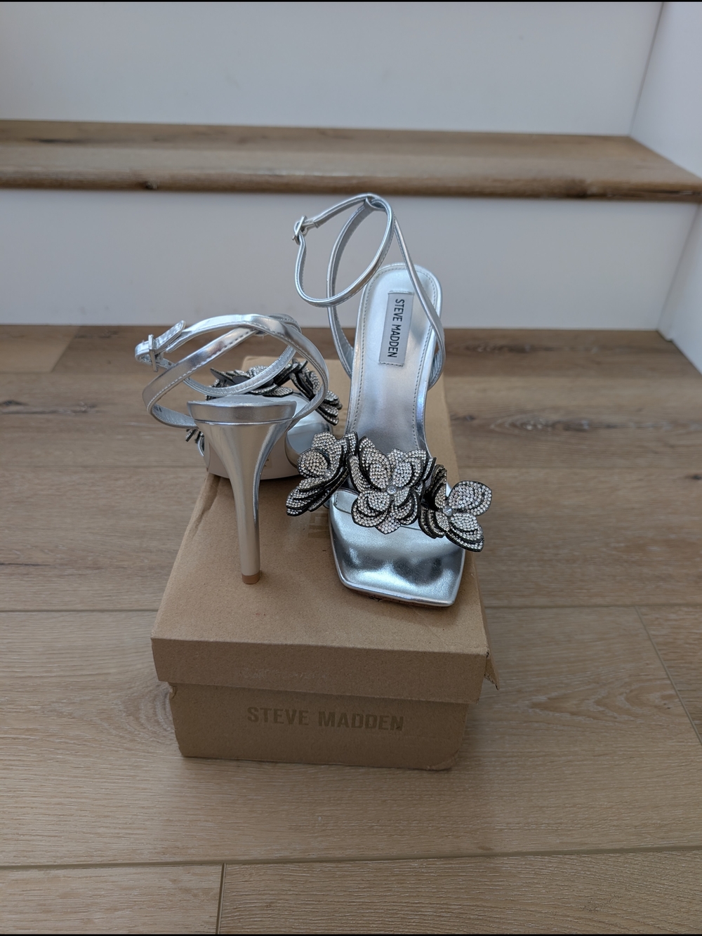 Steve Madden Silver Ulyana Embellished Floral High Heel Sandals